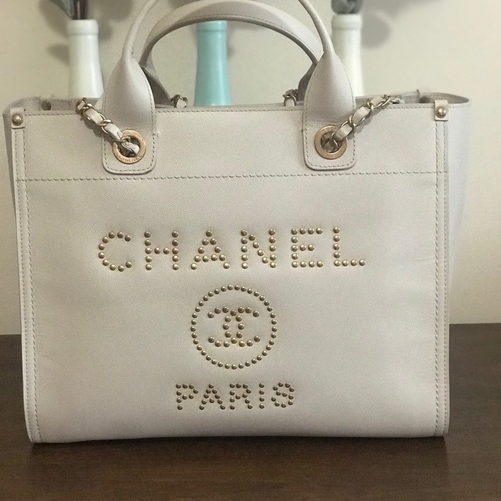 Sold. Chanel caviar leather large deauville tote